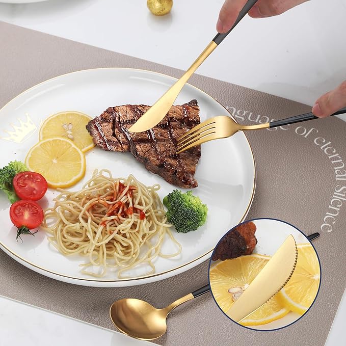 Matte Black Gold Silverware Set,30 Piece Stainless Steel Modern Flatware Set,Brushed Cutlery Set Service for 6,Satin Finish Utensils Set,Home Kitchen and Restaurant,Dishwasher Safe