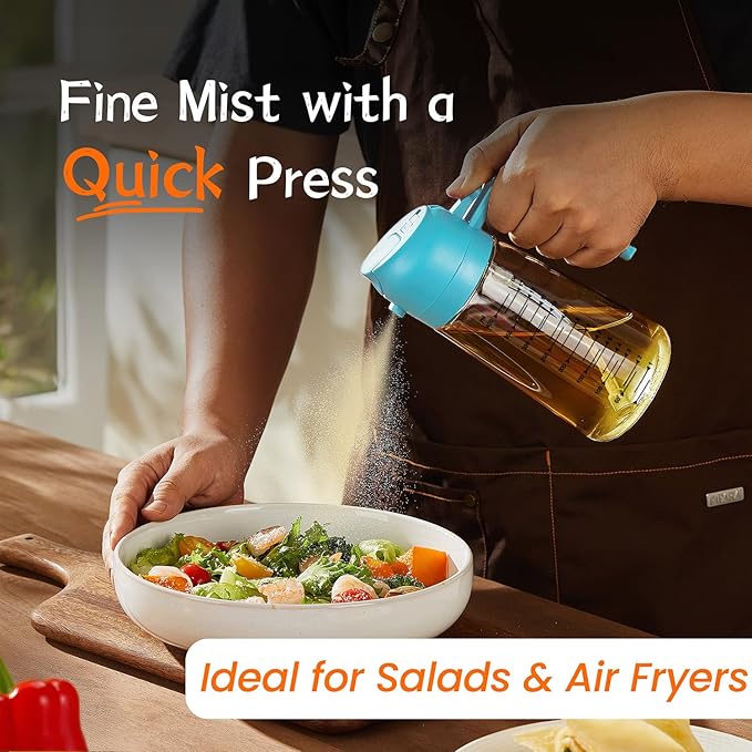TrendPlain 16oz/470ml Glass Olive Oil Sprayer for Cooking – 2 in 1 Olive Oil Dispenser Bottle for Kitchen Gadgets and Air Fryer Accessories, Salad, BBQ - Sky Blue