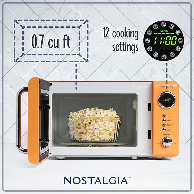 Nostalgia Retro Compact Countertop Microwave Oven 0.7 Cu. Ft. -700-Watts with LED Digital Display-Child Lock-Easy Clean Interior-Orange