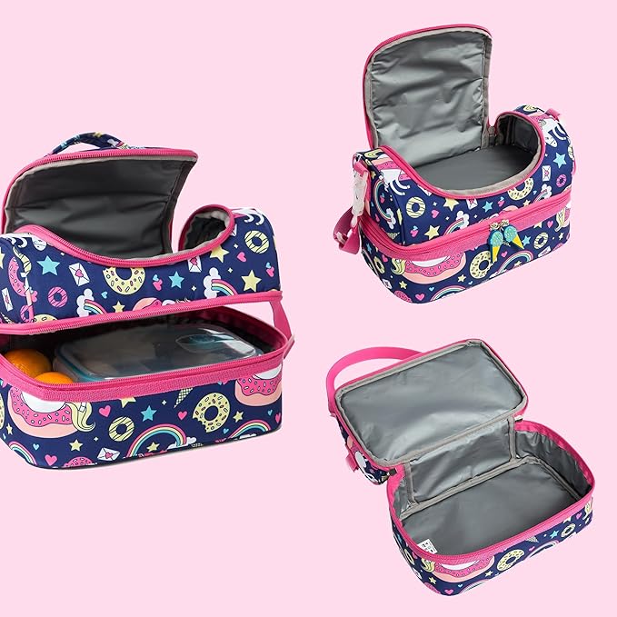 Insulated Kids Dual Compartment Lunch Bags Tote for Girls Boys Lunch Boxes Pre-School Toddler Kindergarten Picnic Camp Food Cooler Thermal with Strap