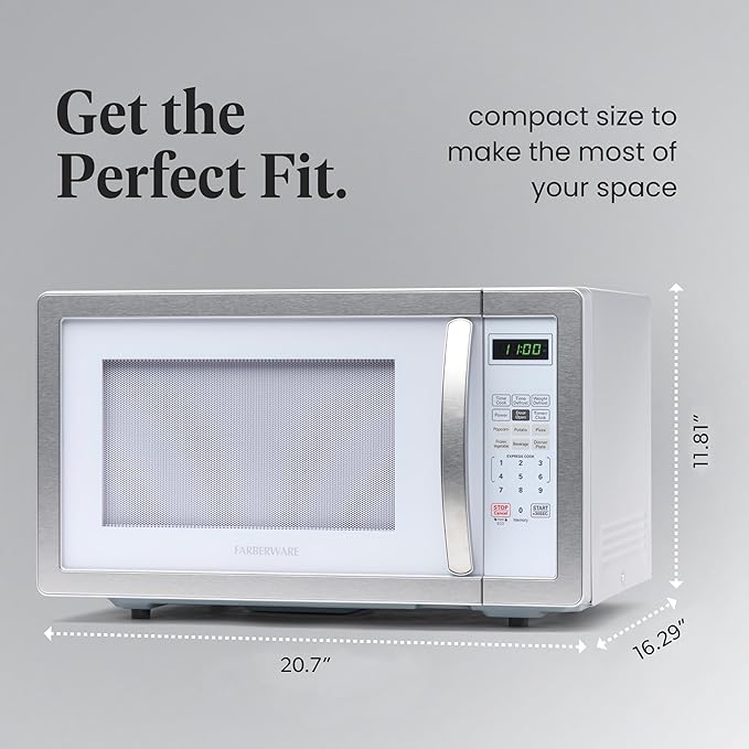 Farberware Countertop Microwave 1000 Watts, 1.1 cu ft - Microwave Oven With LED Lighting and Child Lock - Perfect for Apartments and Dorms - Easy Clean White, Platinum