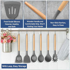 TeamFar Kitchen Utensils Set of 6, Silicone Cooking Utensils with Wooden Handles, Non-stick Cookware Tools for Cooking/Serving/Turning/Mixing, Healthy & Heat-Proof, Dark Gray