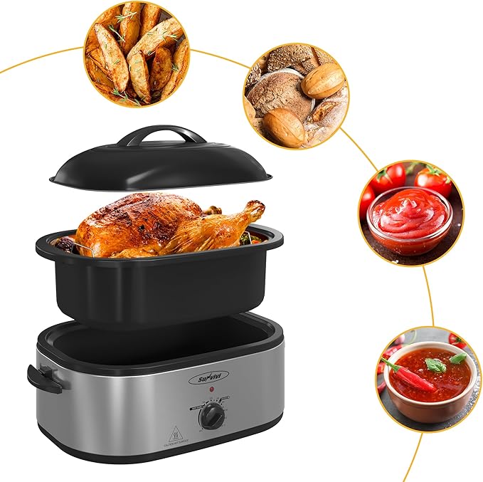 Sunvivi 20-Quart Roaster Oven with Self-Basting Lid, Electric Turkey Roaster Oven with Removable Pan and Rack, Stainless Steel, Sliver