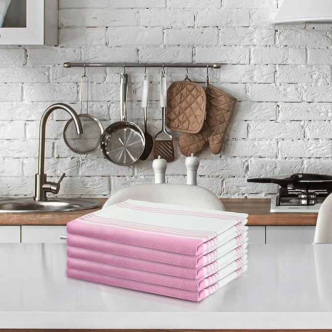 Urban Villa Kitchen Towels 100% Cotton Pack of 6, Highly Absorbent Quick Drying Super Soft Premium Dish Towels for Kitchen with Hanging Loop Hand & Tea Towels - 20x30 Inch, (Pink & White, Striped)