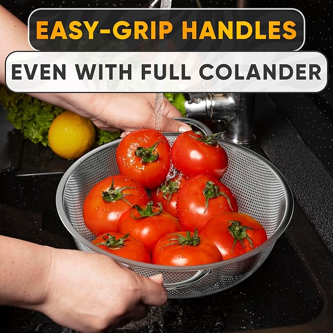 Stainless Steel Colander for Kitchen - 5Qt Rice Strainer With Handles, Perforated Design, Dishwasher Safe, Rust-Resistant - Versatile Pasta Strainer for Grains, Beans, Spaghetti, Veggies, Fruits