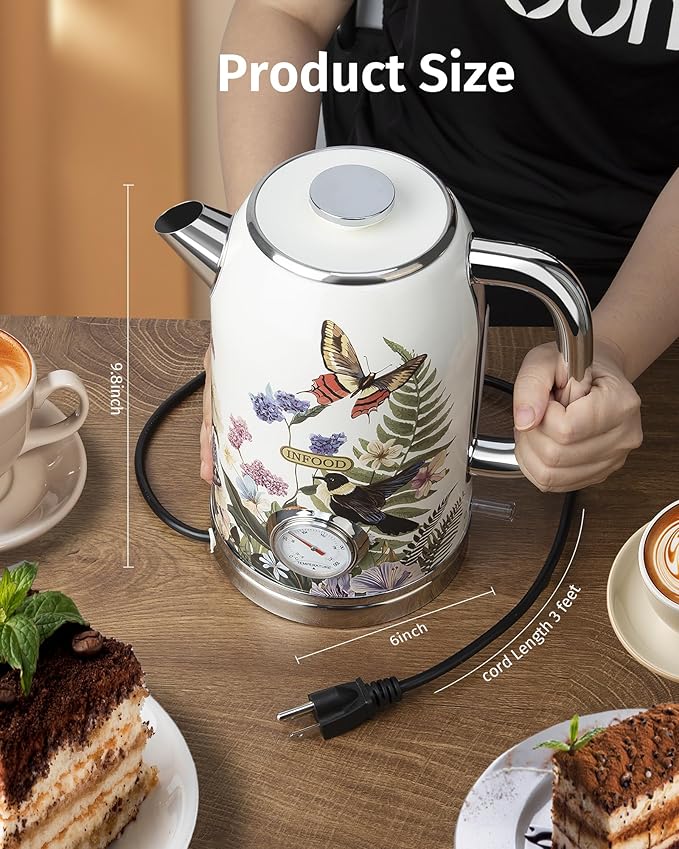 Retro Electric Kettle 1.8L/60.8oz with Thermometer - 1200W Fast Boiling Stainless Steel Tea Kettle with Water Level, BPA-Free, Auto Shut-Off, Boil-Dry Protection, Vintage Floral Design