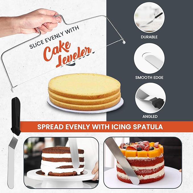 RFAQK 100PCs Aluminum Cake Pans Sets for Baking with 8-inch Aluminum Round Cake Pans Set of 2 - Cake Decorating Supplies Kit with 30 Parchment Papers, Piping Tips, Cake Leveler, and Spatula