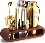 Mixology & Craft Bartender Kit: 10-Piece Cocktail Shaker Set with Dark Bamboo Stand | Complete at Home Bar Set with Bar Accessories | Great Housewarming Gift | Leak-Proof Design (Gold)