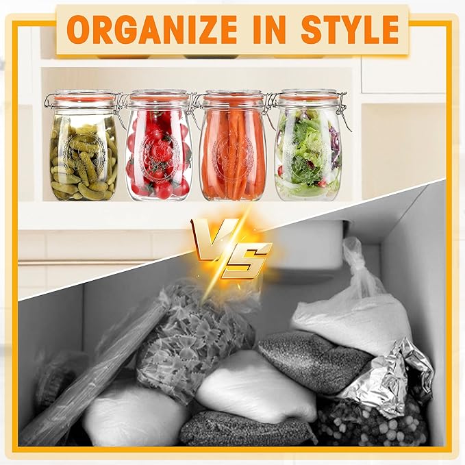 Wide Mouth Mason Jars 32 oz, 4 Pack Glass Canning Jars with Airtight Lid, Large Clear Canister Quart Jars for Pickling Flour Salad Jam Jelly Coffee Sugar Beans Kitchen Storage (4 Pack 32OZ)