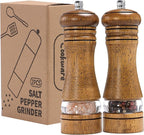 Wooden Salt and Pepper Grinder Set, Premium Oak Wood Salt Grinders Shakers, Pepper Mill with Acrylic Clear Window, Adjustable Ceramic Grinder - 6 inches, 2 Pack
