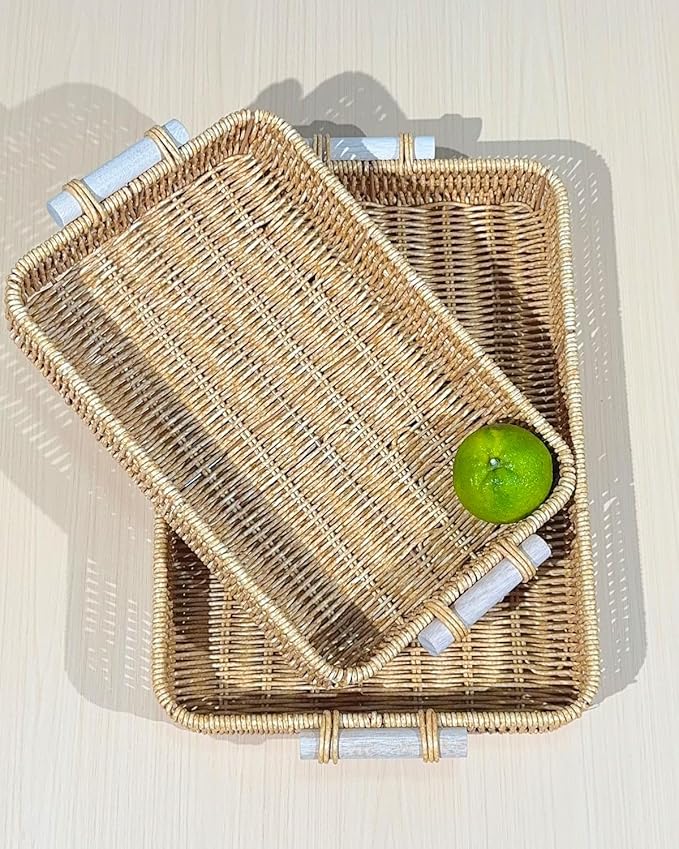 Woven Kitchen Storage Baskets Rattan Fruit Tray for Decoration Rectangular Bread Baskets with Wooden Handles, Outdoor Serving Tray for Coffee Table, Picnic Food, Snacks, Vegetables, 2-Piece, Natural