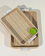 Woven Kitchen Storage Baskets Rattan Fruit Tray for Decoration Rectangular Bread Baskets with Wooden Handles, Outdoor Serving Tray for Coffee Table, Picnic Food, Snacks, Vegetables, 2-Piece, Natural