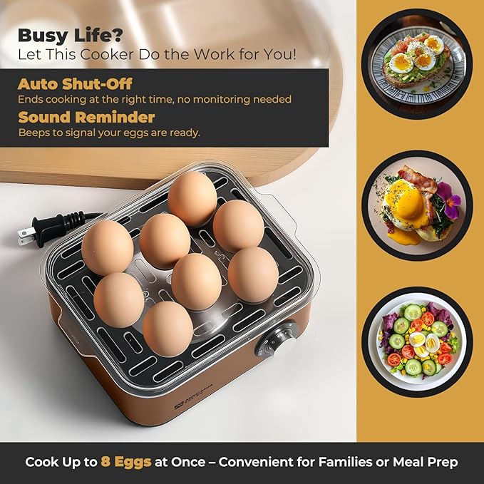Annie & Mia Design Electric Egg Cooker, Stainless Steel 8 Egg Capacity egg boiler, 500W, Hard, Medium, Soft Boiled Egg Poacher, egg steamer, Multi-function, Knob Auto Shut-Off Function (Gold)