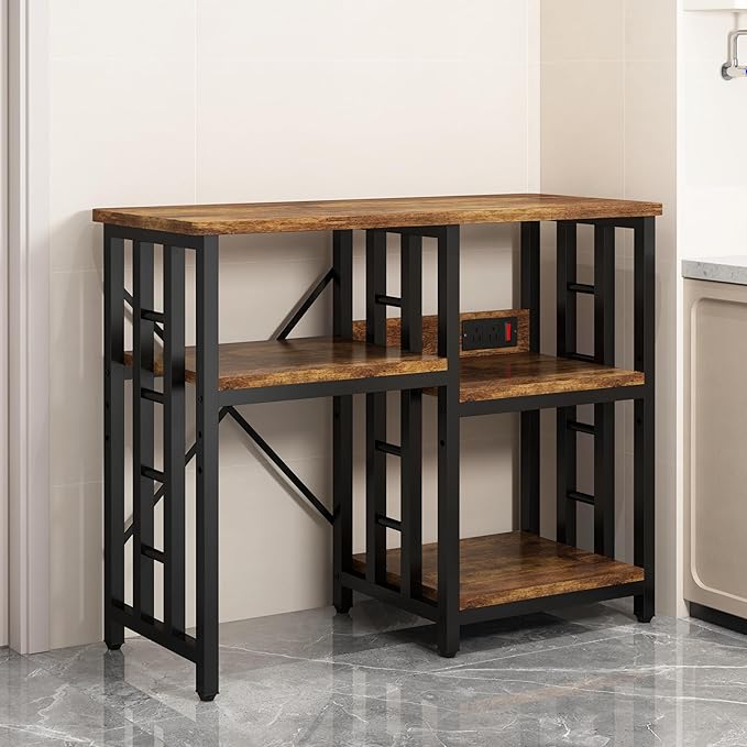 4-Tier Kitchen Baker's Rack with Power Outlet, Mini Fridge & Microwave Oven Stand Table, 5 Tiers Coffee Bar Table, 20-29-37 Gallon Fish Tank Stand, Kitchen Organizer Shelf for Spices, Pots and Pans.