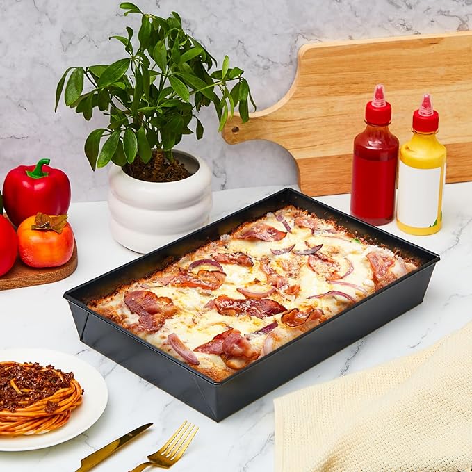 2 Pcs Detroit Style Pizza Pan 10 x 14 x 2.36 Inch Hard Rectangular Deep Pizza Pans Non Stick Sicilian Style Pizza Pan Dish Pre Seasoned Bakeware Kitchenware