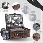 Picnic Basket Set for 4 with Waterproof Blanket Mat Insulation Bag Wicker Navy Blue Brown Stripe Vintage Retro Classic Gift for Wedding Birthday Summer Camp Outdoor Camping Travel Christmas