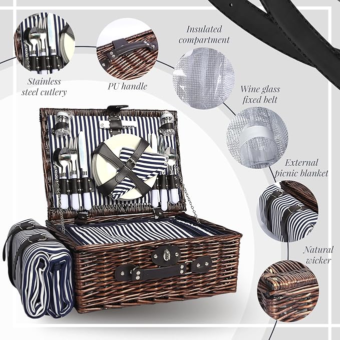 Picnic Basket Set for 4 with Waterproof Blanket Mat Insulation Bag Wicker Navy Blue Brown Stripe Vintage Retro Classic Gift for Wedding Birthday Summer Camp Outdoor Camping Travel Christmas