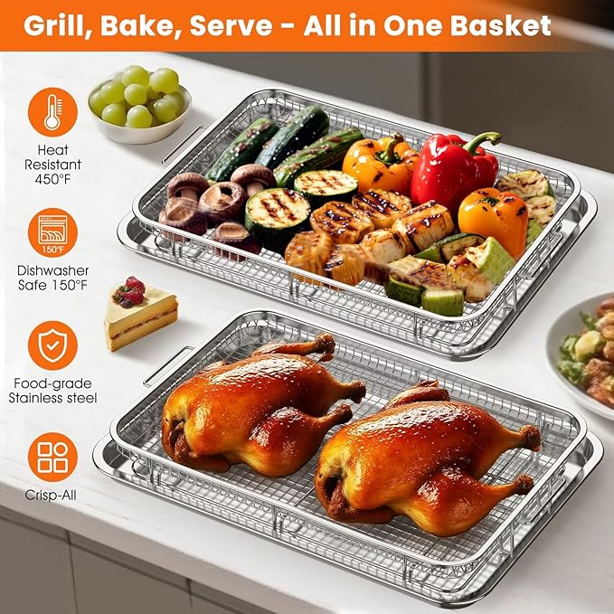Extra Large Air Fryer Basket for Oven, 18.7"x12.8" Stainless Steel Baking Pan & Crisper Tray, Fits Whole Chicken, Commercial-Grade Oven Air Fryer with 30 Parchment Papers, Dishwasher Safe