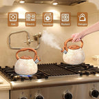 GGC Tea Kettle for Stove Top, Loud Whistling Kettle for Boiling Water Coffee or Milk, 3.1 Quart Stainless Steel Art Line White Pot with Wood Pattern Handle, Unique Button Control Outlet