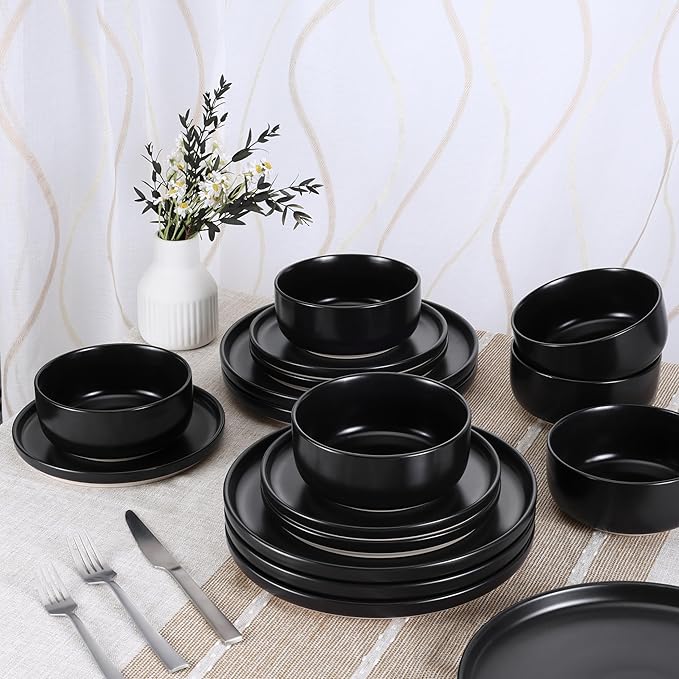HaWare Stoneware Dinnerware Sets, 18-Piece Plates and Bowls Set for 6, Dishes Set for Home Restaurant, Frosting Black