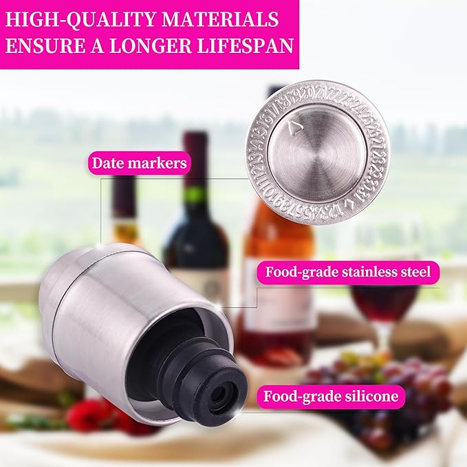 Wine Stoppers Vacuum for Wine Bottles - 2-Pack Stainless Steel Wine Saver with Date Markers, Reusable, Leak-Proof Wine Preserver, Perfect Gifts for Wine Lovers & Bar Accessories