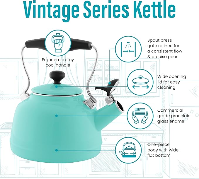 Chantal Tea Kettle, 1.7 QT, Vintage Series, Premium Enamel on Carbon Steel, Whistling, Even Heating & Quick Boil (Aqua)