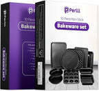 Perlli Baking Pan 10 Piece Set Nonstick Carbon Steel Gray Oven Bakeware Kitchen Set, 2 Cookie Sheets, 2 Round Cake Pans, Square Pan, Roasting Pan, Loaf Pan, Crisp Pan, Pizza Crisper, & Muffin Pan