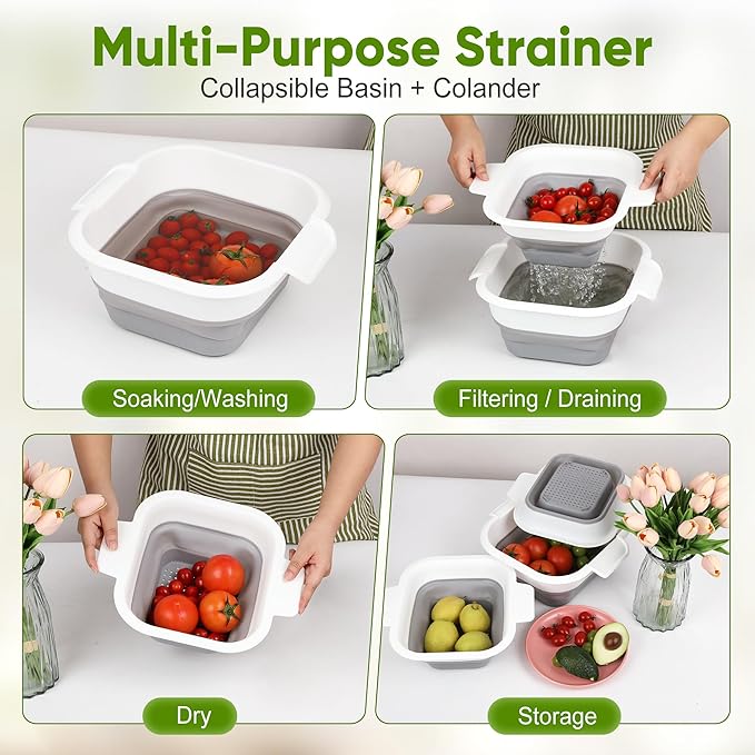 ROTTOGOON Collapsible Colander Set with Strainer Bowl, 2 in 1 Fruit Washing Basket with Strainer, 5 + 3 QT Plastic Colanders for Kitchen, Foldable Double Layered Colanders Bowl for Vegetable, Grey