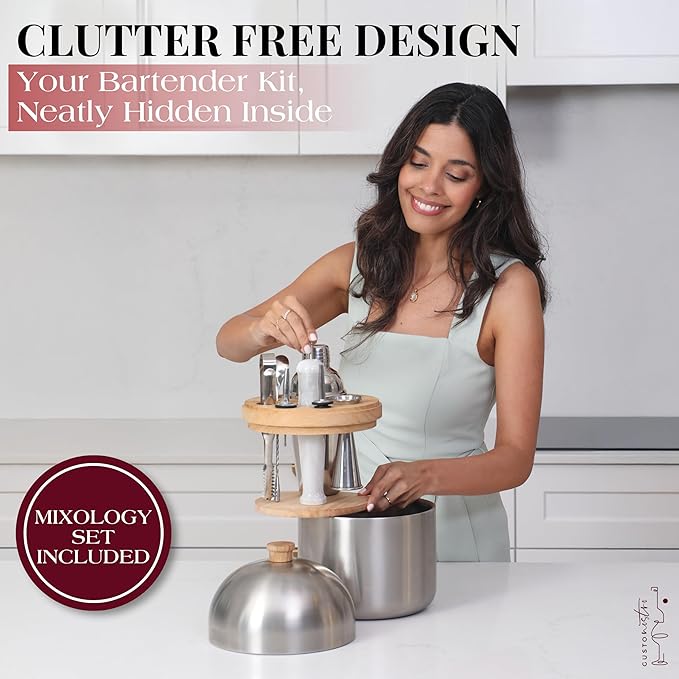 Gusto Nostro Cocktail Set Bartender Kit with Stainless Steel Ice Bucket - Complete Mixology Bar Tool Set with Wooden Organizer, Cocktail Shaker, Jigger, Muddler, Spoon, Tongs, Pourers, Recipe Cards