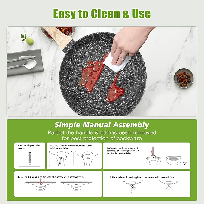 VOTTGO 31 Pcs Pots and Pans Set Non Stick, Black Granite Induction Cookware Set, Non Toxic Healthy RV Kitchen Cooking Set with Silicone Tools and Pot Protectors, PFOA PFOS PFAS Free