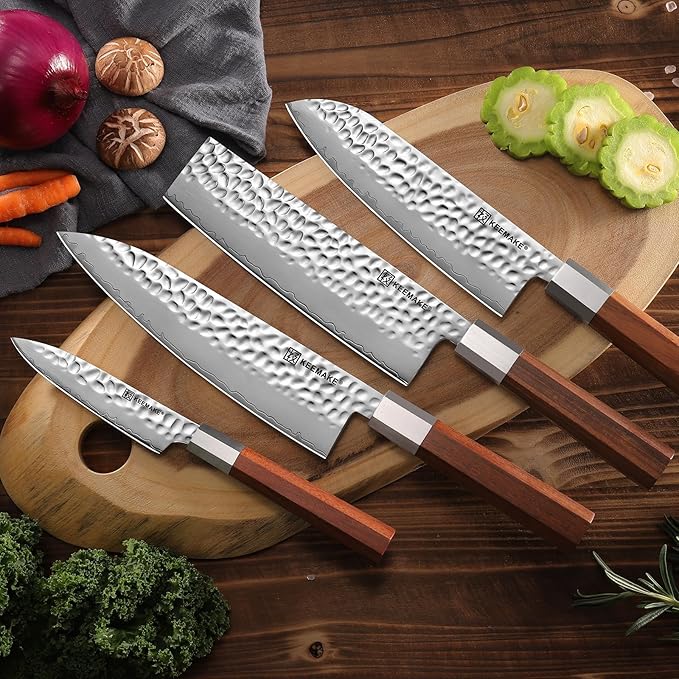 KEEMAKE Kitchen Knife Set 4pcs - Chef Knife Set with 3-layer Japanese 9CR19MOV Clad Steel Blade, Sharp Knives Set for Kitchen with Octagon Rosewood Handle Kitchen Knives