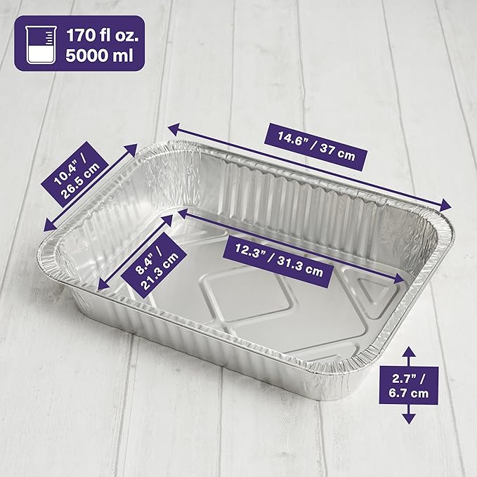 MATANA 9x13 Aluminum Pans Foil Trays (25 Pack) Disposable Baking Tin Foil Pan, Half Size Deep Steam Table Pan, Aluminum Tray, Great for Oven Roasting, Chafing, Heating, Serving Food, Parties