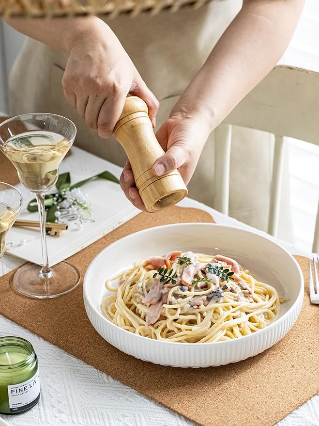 YHOSSEUN 9.75" Pasta Bowls Set of 4, 50 OZ Large Salad Serving Bowls Pasta Plates, White Soup Bowl for Kitchen Meal Prep, Ceramic Shallow Dishes, Clover Stripe