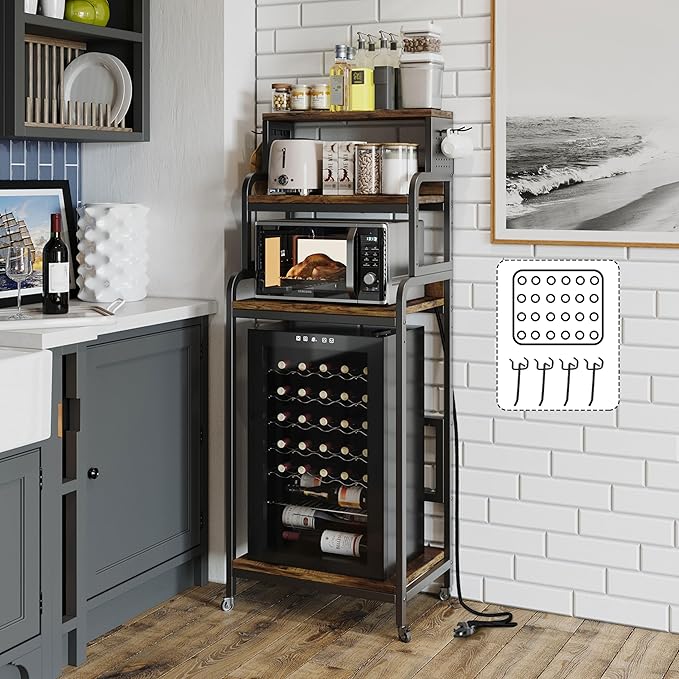 4-Tier Mini Fridge Stand with Storage,Mini Fridge Cabinet with Power Outlet,Pegboard,Bakers Rack with Storage Shelf,Microwave Oven Stand,Mini Fridge Shelf for Dorm(Vintage Brown)