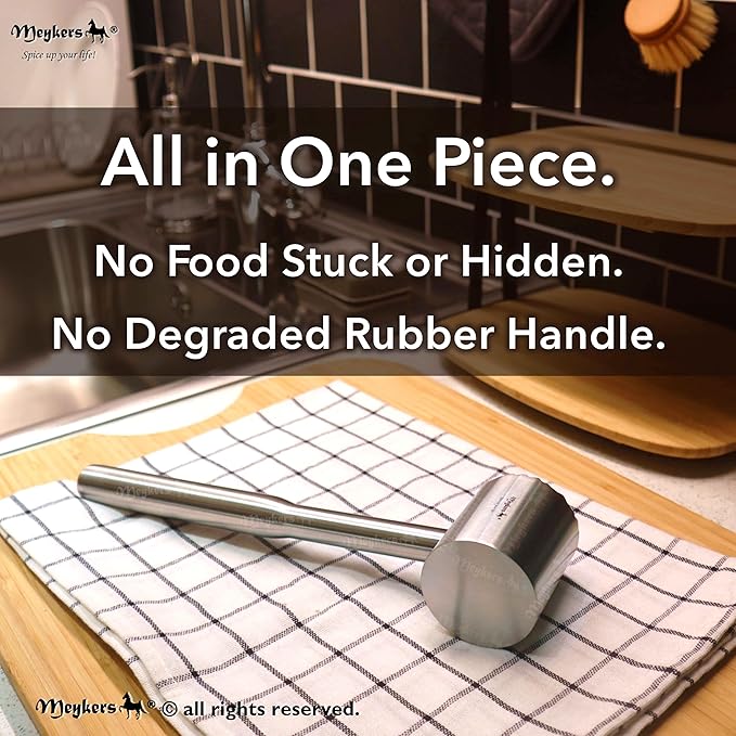 Meykers Meat Tenderizer Mallet | Dishwasher Safe | All 304 Stainless Steel | Perfect Weight | Meat Hammer Pounder Flattner Beater | for Steak Beef Chicken Pork | Kitchen Tool for Cooking