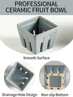 Gomakren Ceramic Berry Basket Set of 2, Square Fruit Bowls with Holes, Fruit Basket Containers for Kitchen, Cute Strawberry Basket for Berries, Grape, Cherry, Slate Blue