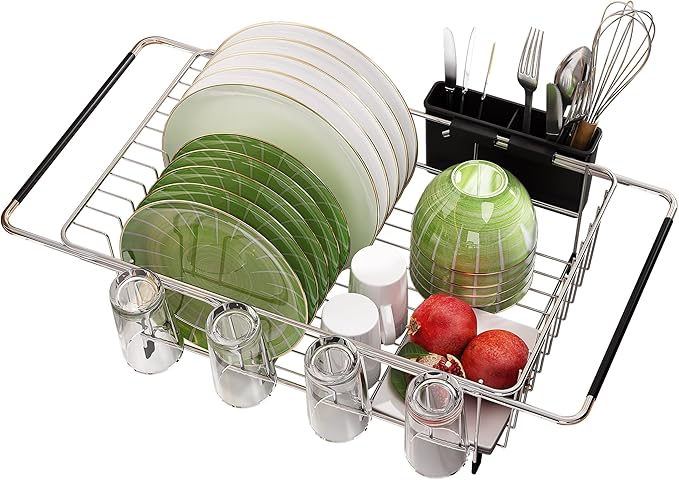 MAJALiS Sink Dish Drying Rack - Use for Countertops & in-Sinks & Over-Sink, Stainless Steel Dish Drainers for Kitchen Counter, Inside Sink Dish Dryer Racks, 10.4''W x 15.5''~23.5''L, Silver