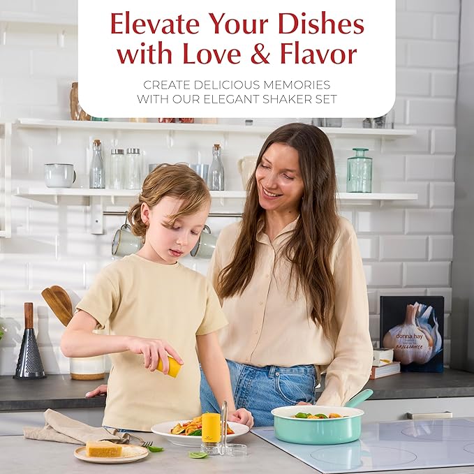 Yellow Salt and Pepper Shakers with Holder - Elegant Stainless Steel Salt Shaker and Pepper Shaker Set with Acrylic Holder for Kitchen Counter or Restaurant Table