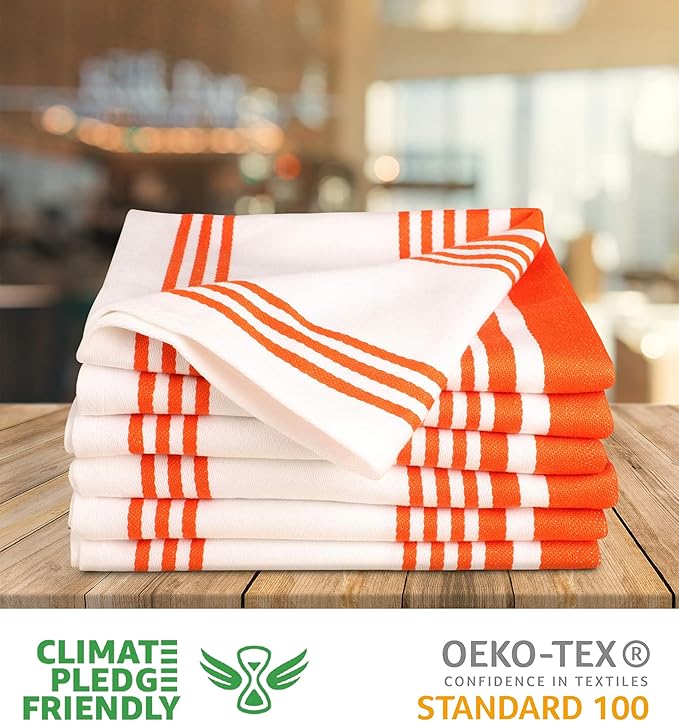 Urban Villa Kitchen Towels 100% Cotton Pack of 6, Highly Absorbent Quick Drying Super Soft Premium Dish Towels for Kitchen with Hanging Loop Hand & Tea Towels - 20x30 Inch, (Orange & White, Striped)