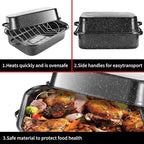 Roasting Pan with Rack, 21” Rectangular Granite Roaster Pan, 25lb Capacity, Large Roaster Pot for Baking Turkey with Versatile Lid