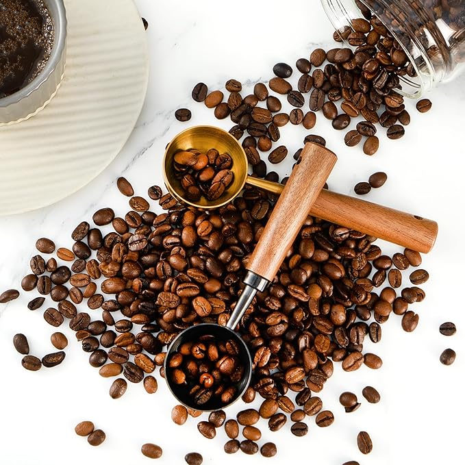 Coffee Scoop For Ground Coffee,Coffee Beans And Tea,10g Capacity-304 Stainless Steel Coffee Spoon With Nature Walnut wood Handle,Golden Yellow(With A Burlap Cord &Thickened Storage Bag)