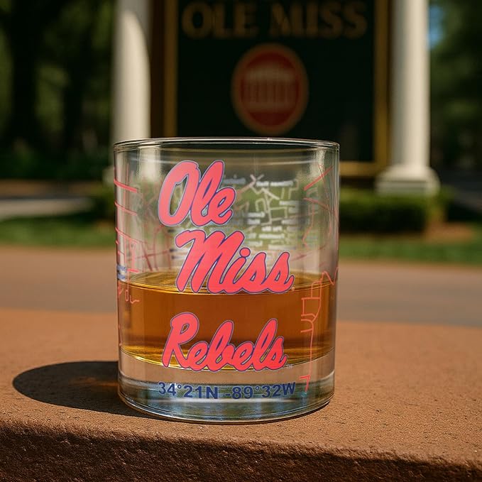 Greenline Goods – University of Mississippi Rebels College Whiskey Glasses (Set of 2), 10 oz – Full-Color Logo + Campus Map