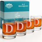 Monogrammed Gifts for Men - 4PC 11 Oz Custom Whiskey Glasses (D-Monogram) - Engraved Whiskey Glasses - Personalized Rocks Glasses - Unique Bourbon Glasses - Personalized Glass Gifts for Dad