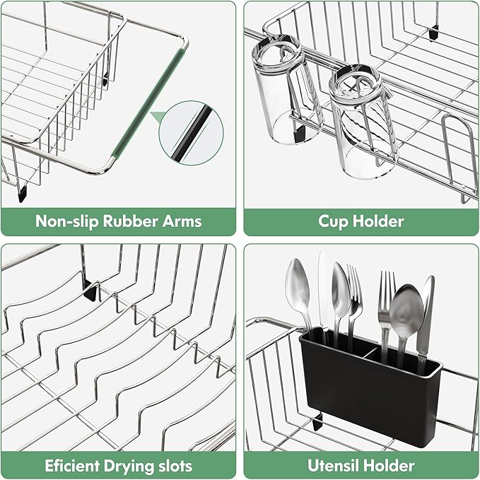 MAJALiS Dish Drying Rack in Sink - Small Dish Drainers for Kitchen Sink, Over The Sink Dish Racks with Utensil Holder, Stainless Steel Dish Rack in Sink, Silver