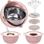 4-1 Colander with Bowl Set - Food Strainer with Graters & Spoons - Colanders for kitchen - Strainers and Colanders - Strainer Bowl Fruit Cleaner with Colander Pasta Rice Strainer for Veggie Wash Pink
