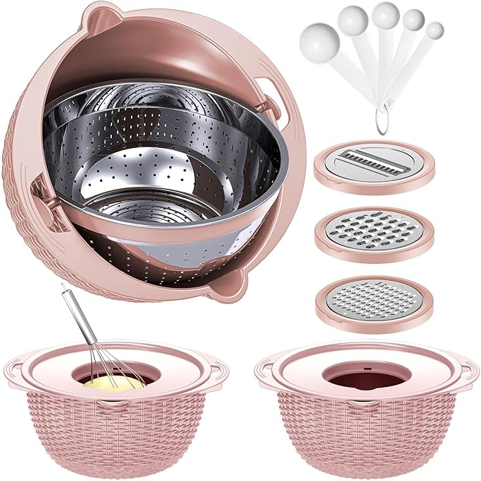 4-1 Colander with Bowl Set - Food Strainer with Graters & Spoons - Colanders for kitchen - Strainers and Colanders - Strainer Bowl Fruit Cleaner with Colander Pasta Rice Strainer for Veggie Wash Pink