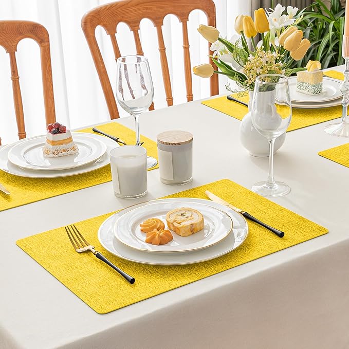 Romanstile Vinyl Placemats Set of 4-12 X 18 Inch - Heat Resistant Place Mats 100% Waterproof Oilproof Wipeable Reversible Faux Leather Table Mats for Kitchen/Dining/Party/Outdoor, Yellow