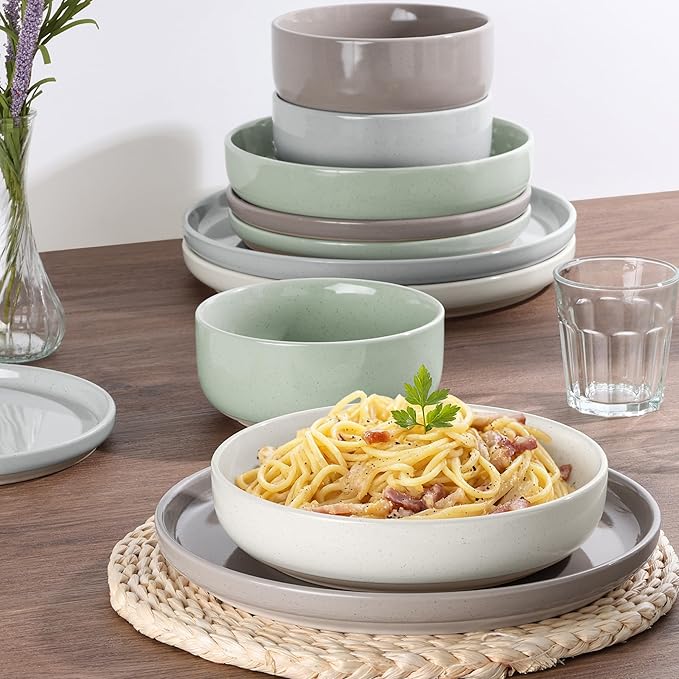 HaWare 16-Piece Plates and Bowls Set for 4, Stoneware Dinnerware Sets with Pasta Bowl, Dishes Set for Home Restaurant, Speckled Multicolor
