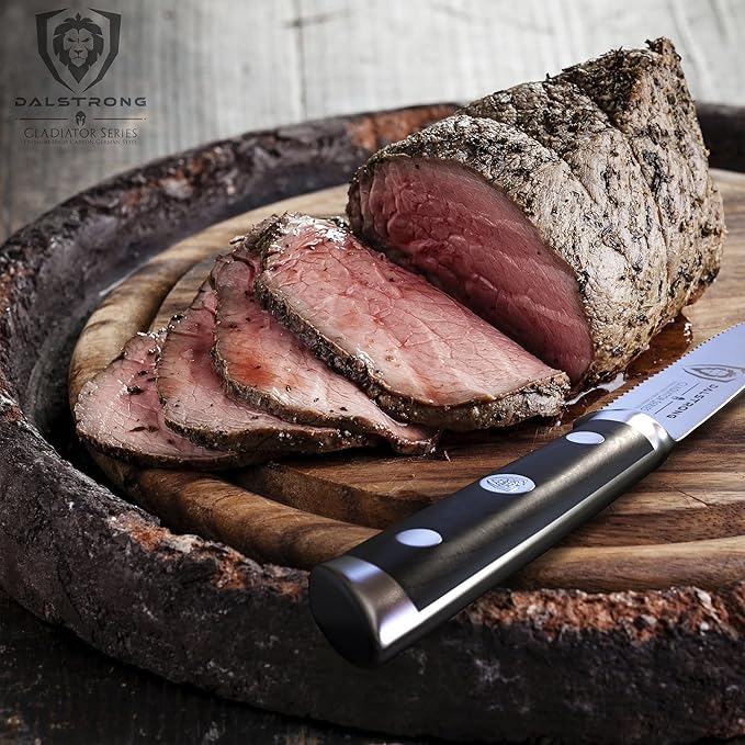 Dalstrong Steak Knives-4pc- Serrated Blade-Gladiator Series Elite-Forged German High-Carbon Steel-Table Dinner Kitchen Knives-Sheaths-Razor Sharp - Dinner Set-NSF Certified