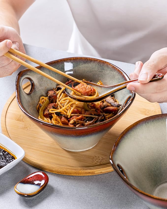 HENXFEN LEAD Japanese Ramen Noodle Bowl Set of 2-30 Oz Large Porcelain Salad Bowls with Chopsticks, Soup Spoons and Rests, Kitchen Serving Dishes for Pho, Udon - Reactive Red
